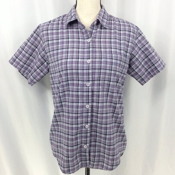Columbia Top Womens Size Small Purple Plaid Short Sleeve Button Down Cotton - Picture 1 of 6
